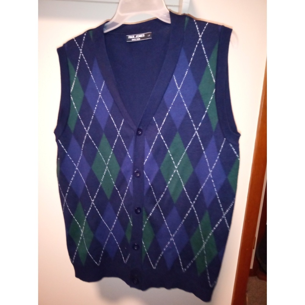 Paul Jones Mens Argyle Cardigan Sweater Vest Navy Blue Green Knit Button Up L